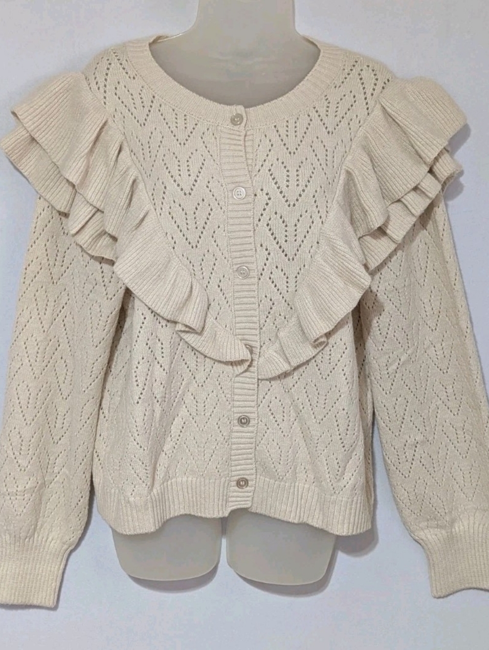 NWT Bagatelle Cream Ruffle Pointelle Knit Cardigan